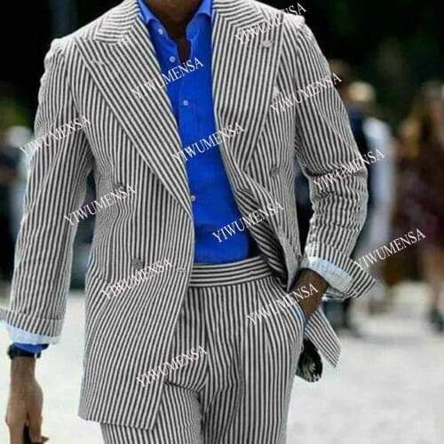 Arabic African Summer Beach Mens Peaked Lapel Jacket With Pants 2 Pieces Cottons Striped Double Breasted Coat Custom Made Suits