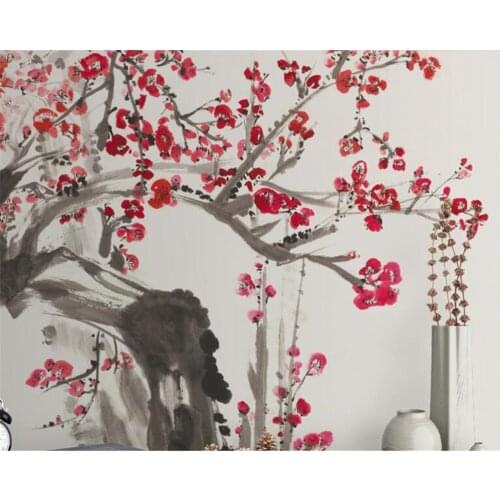 Beibehang hudas beautySimple Modern HD Chinese Style Ink Plum Red Background Wall Paper papel de parede wallpaper for walls 3 d