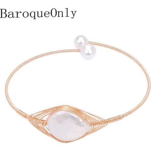 BaroqueOnly Hand made Wire Strings adjustable pearl Bangle white baroque freshwater pearl vacation