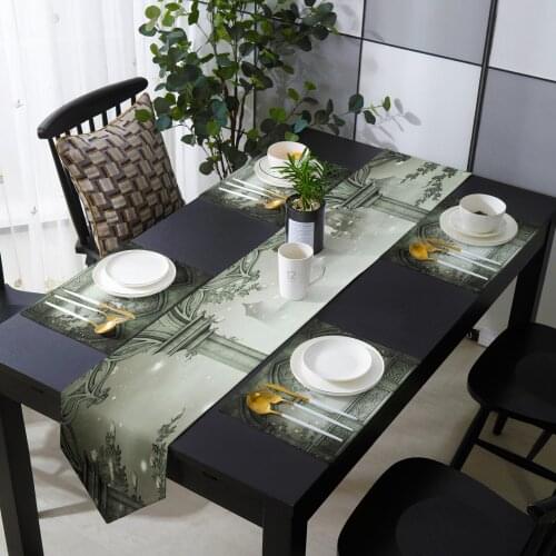 Flowers Walls Windows Leaves Building Table Runner Set for Home Kitchen Dining Table Wedding Party Holiday Dinner Decoration