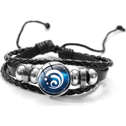 Game Genshin Impact Leather Bracelet Cosplay 7 Element for Water Fire Wind Thunder Rock Ice Glass Cabochon Bangle Boyfriend Gift