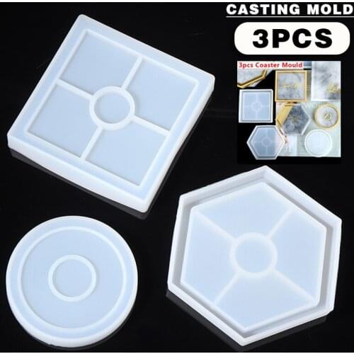 Round Square Hex Shape Silicone Mold Epoxy Resin Coaster Pad Tray Mold DIY Crystal Mirror Glass Drop Gel Craft Making Tool 3pcs