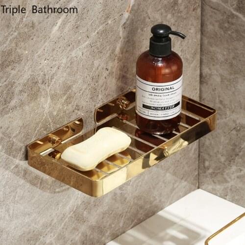 Light Luxury Punch-free Soap Dish Golden Stainless Steel Draining Storage Accessories Soap Holders Shelves Bathroom Organizer