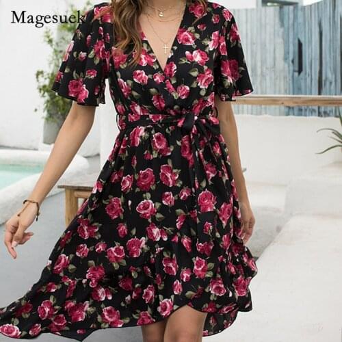 Summer 2021 Fashion Women Chiffon Dress V-neck Floral Print Midi Dress for Women Sexy Elegant High Waist Dress Vestidos 15078