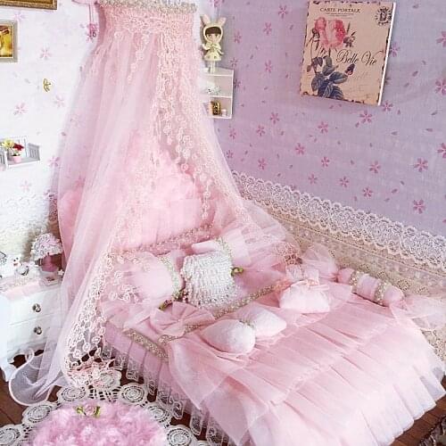 1:6 Furniture for dolls Dollhouse Miniature 30cm doll bed simulation soft gorgeous pink bed pretend play toys for girls gifts
