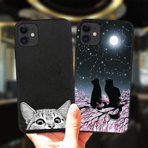 Cute Space Happy Cats Phone Case For iPhone 11 12 Pro XS Max 6 6S 8 7 Plus X XR 5S SE 2020 12Mini Floral Silicone Black Cover