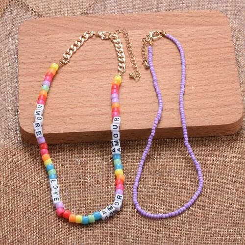 Fashion Multicolor Acrylic Beaded Handmade Choker Necklace For Women Letters Seeds Beads DIY Necklace Kids Children ZA Necklace