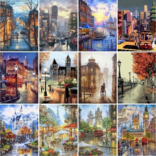 AZQSD Diy Painting By Numbers For Adults Street City Building Hand Paind Kit Canvas Paint By Numbers Scenery Home Decoration