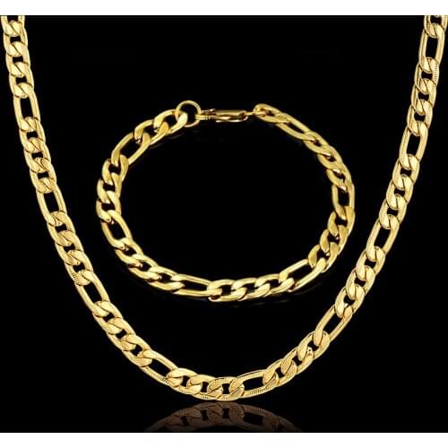 Stainless Steel Jewelry Set 7MM Male Gold Color Men Costume Cuban Chain Necklace Bracelet Jewelery Women Sets , Mens Gift Set