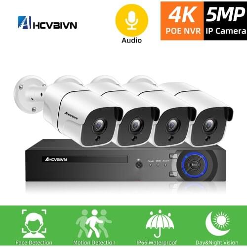 H.265 4CH 5MP POE Security Camera System Kit 4PCS 5MP HD POE IP Camera Outdoor Waterproof CCTV Video Surveillance Audio 4K NVR
