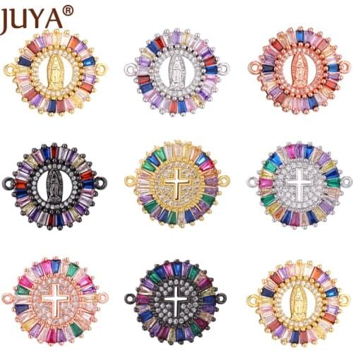 Rainbow Zirconia Connectors Rhinestone Cross Virgin Mary Christian Jewelry Accessories For Making Bracelets Necklace Components
