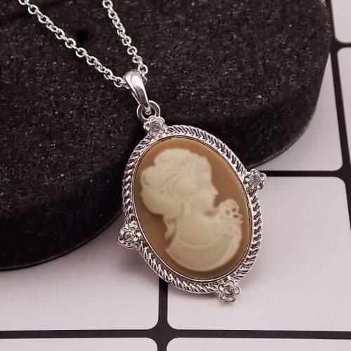 Vintage Euro Luxury style Silver color chain beauty Lady head Charm cameo necklace Pendent