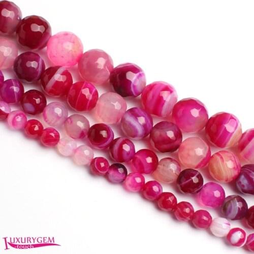 High Quality 4,6,8,10,12,14mm Natural Faceted Round Shape Rose Red Banded Agates Stone Gems Loose Beads Strand 15 Inch wj329