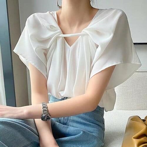 V-neck Chiffon Shirt Womens 2021 Fashion White Short Loose Top Ladies Blusas Short Bow Solid Butterfly Sleeve Clothing 0132
