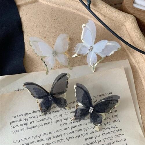 Fairy Black White Yarn Butterfly Earrings for Women Gold Color Metal Shiny Rhinestone Insect Wing Drop Earrings Party Jewelry