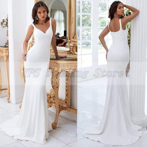 Elegant White Floor Length Jersey Evening Dress Sexy V-Neck Sleeveless Zipper Back Mermaid Wedding Party Dress Prom Gowns 2021