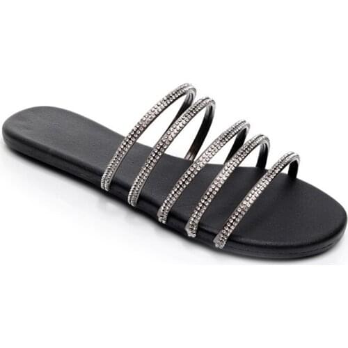 2020 Summer Open Toe Ribbon Rhinestone Flats Sandals Slippers Shoes Woman