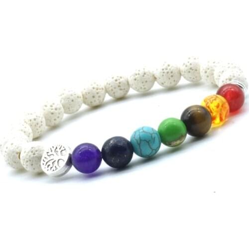 8mm Seven Chakras Tree of Life Charms White Lava Stone Beads DIY Aromatherapy Essential Oil Diffuser Bracelet Yoga Jewelry