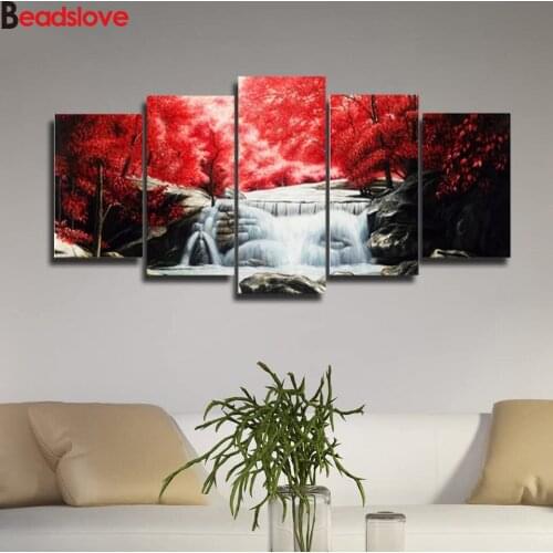 5 Panel DIY 5D Diamond Painting Art Red Forest Waterfall 5 pieces landscape Diamonds Embroidery full square round Cross Stitch