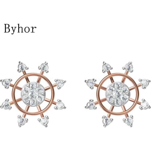 Byhor Solid 14K White/Yellow+White/Rose+White Gold 0.844ct H/SI Natural Diamond Fine Jewelry Wedding Flower stud earrings Cерьги