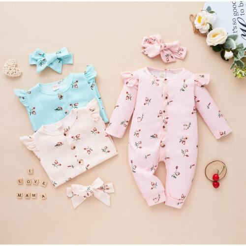 Princess Floral Infant Baby Long Sleeve Romper with Headband Kids Flower Print Ruffle Cotton Jumpsuit+Hairband for Spring Fall
