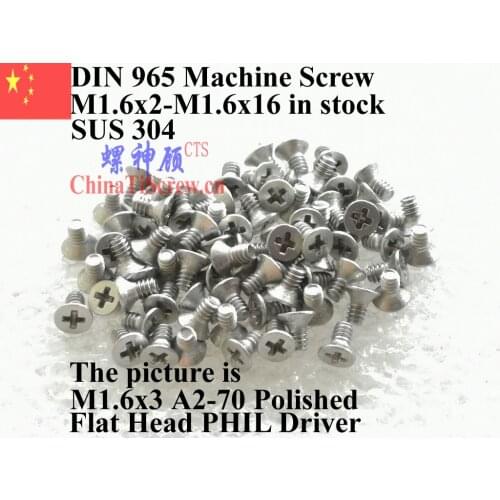 Stainless steel screws M1.6x10 DIN 965 Flat Head 0# Phillips A2-70 Polished ROHS 100 pcs