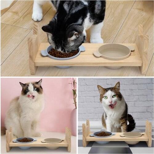 Non-Slip Double Cat Food Bowl Dog Drinking Bowl With With Spine Protection Wooden Base Pet Feeding Device Cat Dog Accessories