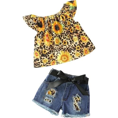 New Arrivals Summer Baby Girls Children Clothes Outfits Leopard Sunflower Denim Shorts Cotton Milk Silk Top Ruffles