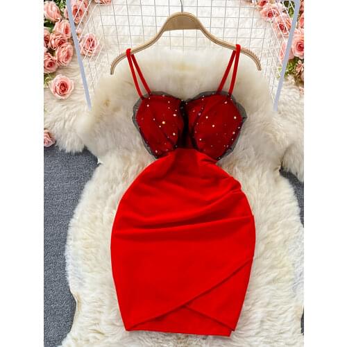 Summer Sexy Mesh Patchwork Bodycon Mini Dress Women Red/Black/Pink/White Spaghetti Strap Vestidos Club Party Short Robe 2021 New