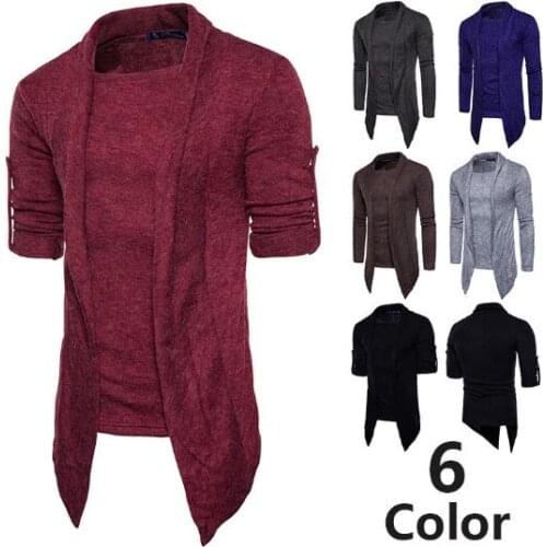 Hot Autumn Fashion Brand Mens Solid Color Long Thin Fake two pieces Cardigan Sweater Cotton Jumpers Men Sweater