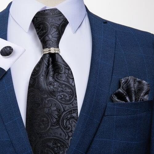 New Fashion Dark Gray Paisley Silk Jacquard Woven Mens Tie Wedding Formal Business Necktie Hanky Cufflinks Ring Set DiBanGu