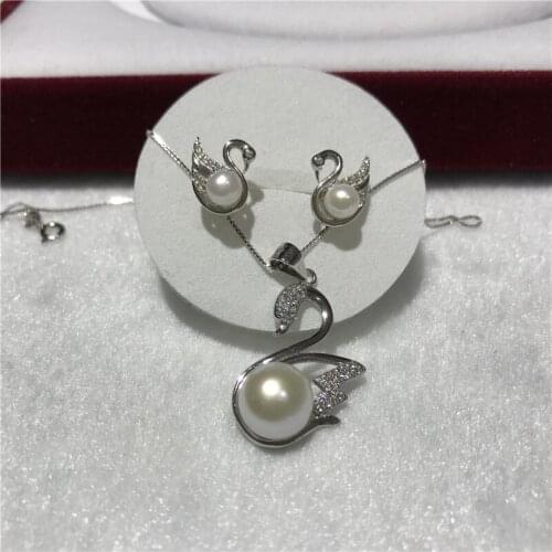 Natural freshwater pearl AAA 10-11 mm Tibetan silver zircon inlay goose pendant necklace earrings set