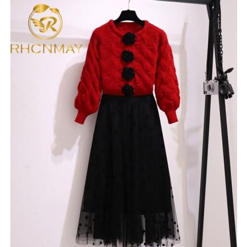 New Sweet Pink Sweater Skirt Suits Autumn Winter New V-neck Loose Pullover Knitted Tops and Dot Mesh Patchwork Skirts Sets