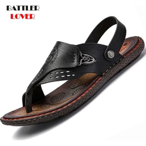 Genuine Cow Leather Shoes Men Fashion Men Flip Flops Trendy Anti-slip Leather Mens Casual Shoes Classic Massage Beach Slippers