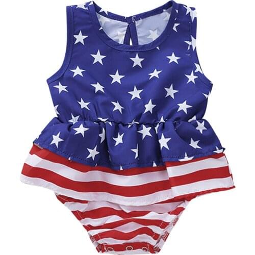 Newborn Infant Baby Girls Clothes July Of 4th Star Print Striped Romper Sleeveless Ruffled Baby Bodysuit ropa para bebe