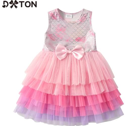 DXTON Princess Dresses For Girls Bow Children Dress Sleeveless Tulle Layer Birthday Party Girls Dress Kids Summer Girls Clothing