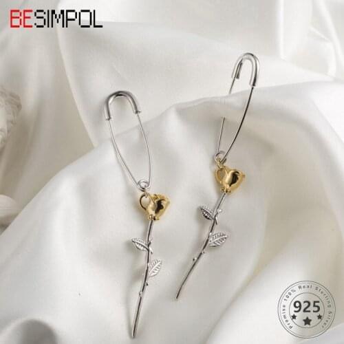 Besimpol 925 Sterling Silver Paperclip Rose Earrings Gold Safety Pin Silver Earrings For Women Elegant Fine Jewelry Brooch Charm