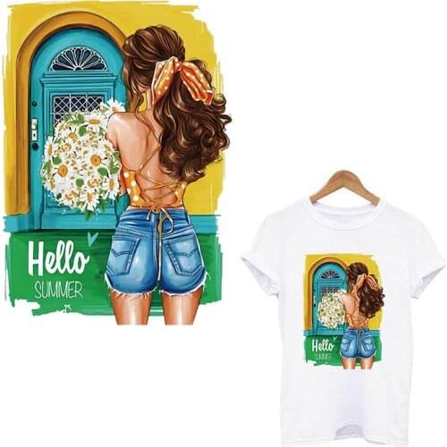 Thermal Stickers On Clothes Beauty Flower Girl Iron On Transfer Washable Vinyl Patches Applique Diy Heat Print Tshirt Accessory