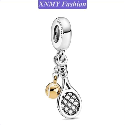 XNMY New Original Silver Color Tennis Racket & Ball Dangle Charm Fit European Pandora Charms Bracelet For Women DIY Jewelry Maki