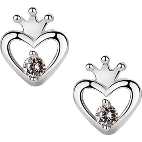 Authentic 925 Sterling Silver Earring Simple Hollow Crown Love Heart Crystal Stud Earring For Women Wedding Party Jewelry Gift