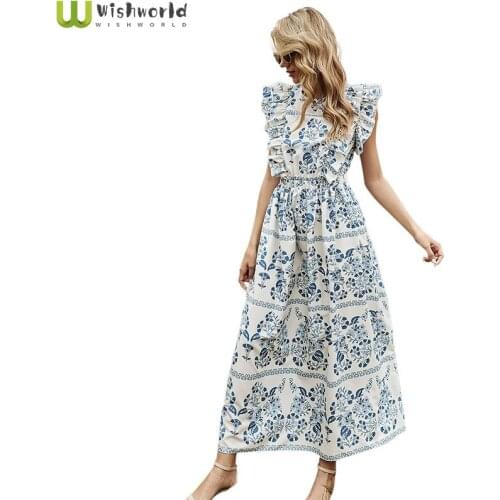 A Word Skirt 2021 Spring New Long Dress Backless Temperament Show Thin Printed Dress Female Bohemia Style Womens Clothes