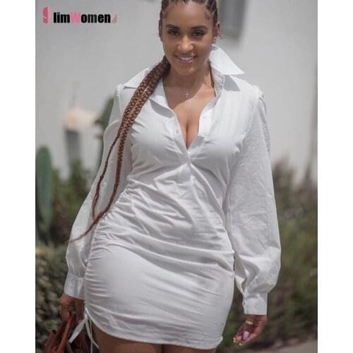 2021 Summer Turn-down Collar Mini Shirt Dress Oversized Women Loose Clothes Dobby White Dresses Female Vestidos Fashion Outfits