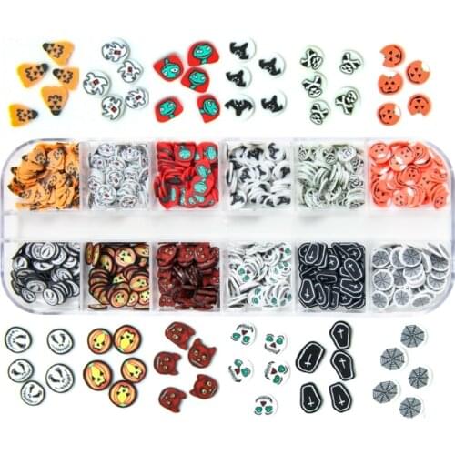 12 Grids Halloween Design Nail Sequins Ghost Pumpkin Skull Polymer Clay Slices 3D Flakes Nail Art Decorations Manicure Supplies