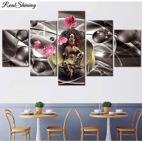 5 Panel Flower Buddha Diamond painting mosaic Diamond Religion Picture Full Square round 5d lily diamond Embroidery T188