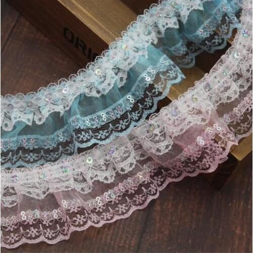 5Y-10Yard/Lot 5.5CM Double Layer Ribbon Sequins DIY Pleated Lace Trim Baby Doll Clothes Wedding Dress Home Textile Accessory