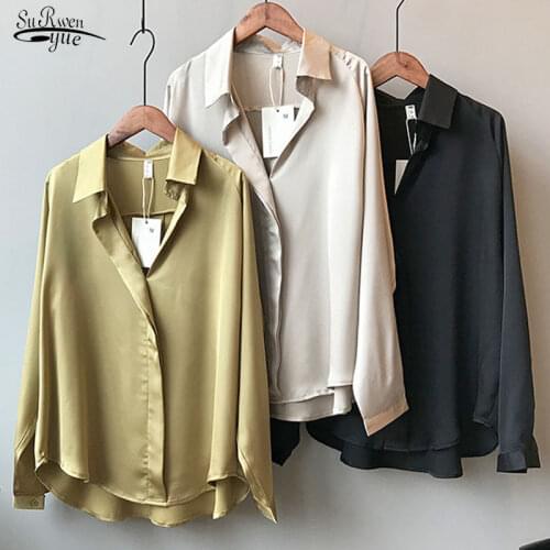 2021 Summer Spring Casual Blouse Women Fashion Long Sleeves Tops Vintage Femme V Neck Shirts Elegant Sexy Silk Blouse 5273
