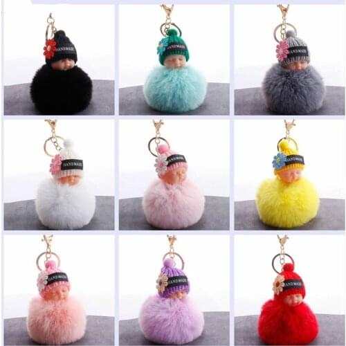 Sleeping Baby Doll Keychain Flower Pompom Rabbit Fur Ball Key Chain Fluffy Car Keyring