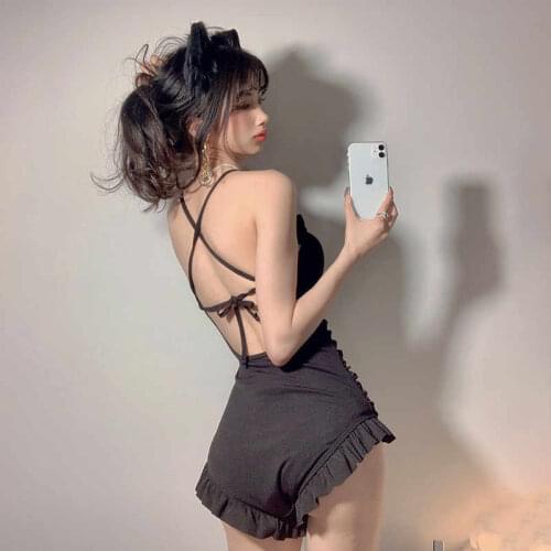 2021 Korean Version Of The Black Sling Pleated Trim Gathered Hollow Tight-Fitting Backless Cross Strap Sexy Hot Spring Swimsuit