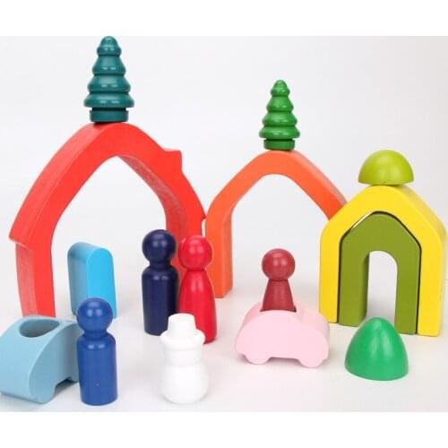 Wooden Montessori Toy Wooden Rainbow House Stacker Accesseries Building Blocks for Kids Educational Toy