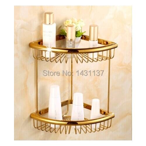 Best quality total brass material gold plating two layer corner basket bathroom shelves accessories brass basket